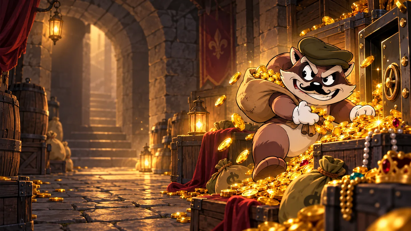 Ilustración de Le Bandit Hold & Win con bandido, monedas de oro y caja fuerte